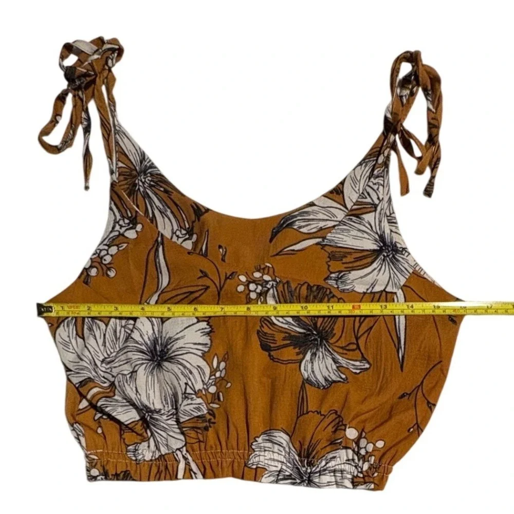Boho Floral Crop Top Tie Strap Tank Brown White Smocked Summer Small - Picture 4 of 7